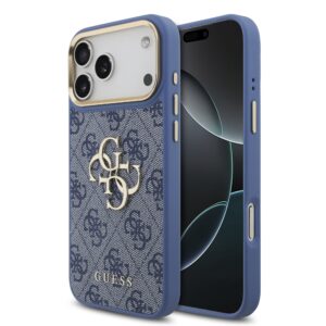 Guess PU Leather 4G Metal Logo Gold Frame Case for iPhone 18 Pro Max Blue