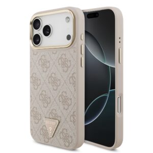 Guess PU Leather 4G Strass Triangle Logo Gold Frame MagSafe Case for iPhone 18 Pro Max Pink