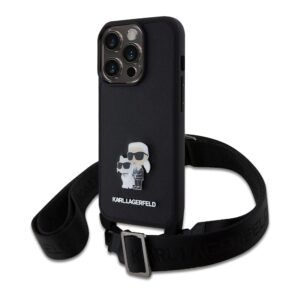 Karl Lagerfeld Saffiano Crossbody Strap Metal Karl and Choupette Case for iPhone 15 Pro Black