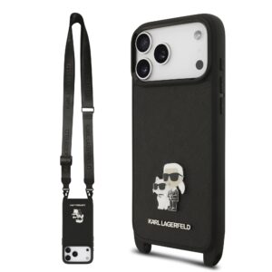 Karl Lagerfeld Saffiano Crossbody Strap Metal Karl and Choupette Case for iPhone 17 Pro Max Black
