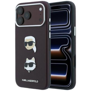 Karl Lagerfeld Saffiano with Karl & Choupette Heads Pins & Logo case for iPhone 18 Pro Max / 17 Pro Max - burgundy