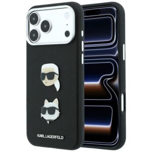 Karl Lagerfeld Saffiano Case with Karl & Choupette Heads Pins & Logo for iPhone 18 Pro Max / 17 Pro Max - Black