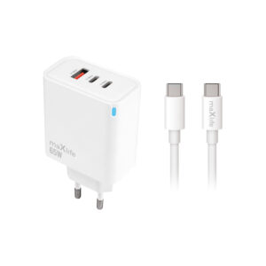 Maxlife MXTC-09-65ACC PD QC charger 2x USB-C 1x USB 65W white + USB-C - USB-C cable 2.0m 100W