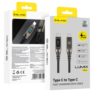 Blavec Cable Lumix pleciony - Typ C na Typ C - PD 240W 5A LED display 1,2 metra Apple CarPlay/Android Auto (CLU-CC5BG12) czarno-gray