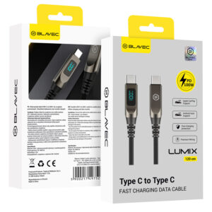 Blavec Cable Lumix pleciony - Typ C na Typ C - PD 100W 5A LED display 1,2 metra Apple CarPlay/Android Auto (CLU-CC5BG12) czarno-gray