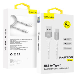 Blavec Cable Raptor braided - USB to Type C - 3A 0,5 meters Apple CarPlay/Android Auto (CRA-UC3WS05) white-silver
