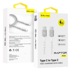 Blavec Cable Raptor braided - Type C to Type C - PD 60W 3A 0,25 metres Apple CarPlay/Android Auto (CRA-CC3WS025) white-silver