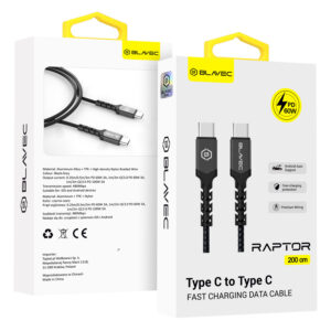 Blavec Cable Raptor braided - Type C to Type C - PD 60W 3A 2 metres Apple CarPlay/Android Auto (CRA-CC3BG20) black-grey