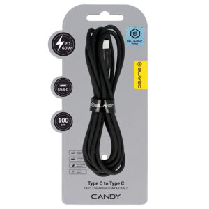 Blavec Cable Candy braided - Type C to Type C - PD 60W 3A 1 metre Apple CarPlay/Android Auto (CCA-CC3B10) black