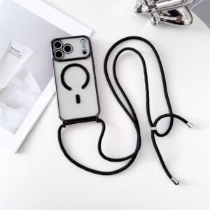 For iPhone 18 Pro Max / 17 Pro Max Case Compatible with MagSafe Electroplating TPU Phone Cover with Long Lanyard - Black