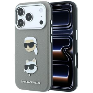 Karl Lagerfeld Saffiano Case with Karl & Choupette Heads Pins & Logo for iPhone 18 Pro / 17 Pro - Gray