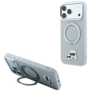 Karl Lagerfeld with Ring Stand 360 Karl & Choupette Heads Pin MagSafe Case for iPhone 18 Pro / 17 Pro - Gray