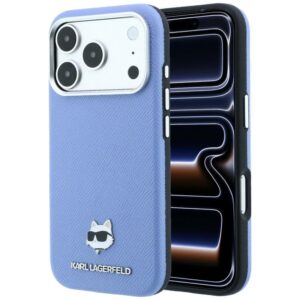 KARL LAGERFELD case for IPHONE 18 Pro Max/ 17 Pro Max compatible with MagSafe (Grained Choupette Head Metal) light blue