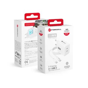 Forcell Phone charger F-Energy GaN III Crystal Color 2x USB C AVS SSFC3.0 60W + silicone cable USB C to USB C VT-60 white