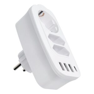 Power strip with 3 sockets max 16A with 3x USB A, 1x typ C ports E06 white