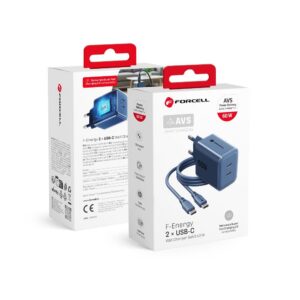 Forcell Phone charger F-Energy GaN III Crystal Color 2x USB C AVS SSFC3.0 60W + silicone cable USB C to USB C VT-60 dark blue