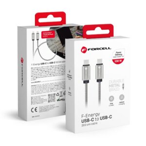 Forcell Cable USB C to USB C F-Energy QC4.0 PD 5A 100W E-Mark Metal 2 m C239 silver