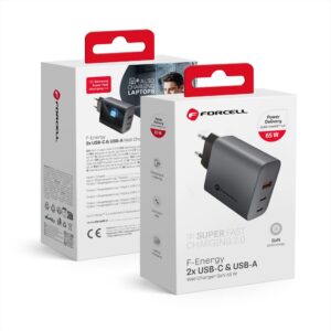 Forcell Phone charger F-Energy GaN 2 x USB C + USB A QC4.0 PD 4A 65W VT-42B gray