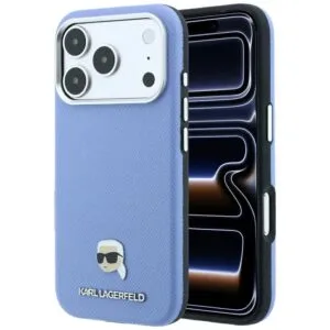 KARL LAGERFELD case for IPHONE 18 Pro/ 17 Pro compatible with MagSafe (Grained Karl Head Metal) light blue