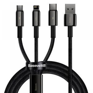 Cablu Baseus Tungsten Gold One 3-in-1 USB-A la 1xUSBC 1xLightning 1xMicro-USB 1.5m Negru