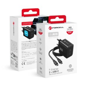 Forcell Phone charger F-Energy GaN III Crystal Color 2x USB C AVS SSFC3.0 60W + silicone cable USB C to USB C VT-60 black