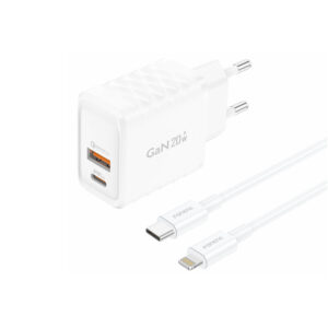 FONENG wall charger EU56 GaN PD 20W 1xUSB-C + 1xUSB QC3.0 + cable USB-C - Lightning White