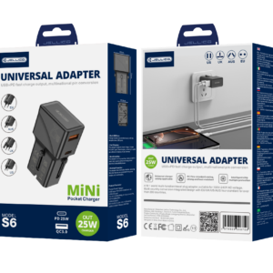 JELLICO universal travel adapter S6 PD 25W 1xUSB-C + 1xUSB QC3.0 Black