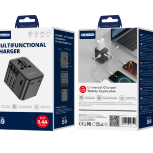JELLICO universal travel adapter S9 PD 2xUSB-C + 1xUSB 3.4A Max 2500W Black