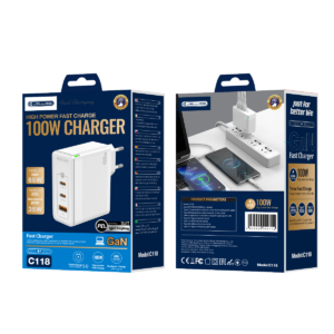 JELLICO wall charger C118 GaN PD 100W 2xUSB-C + 1xUSB QC3.0 + cable USB-C - Lightning White