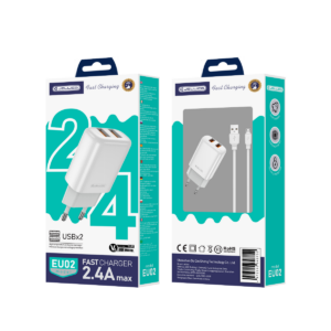 JELLICO wall charger EU02 2.4A 12W 2xUSB + cable Micro White