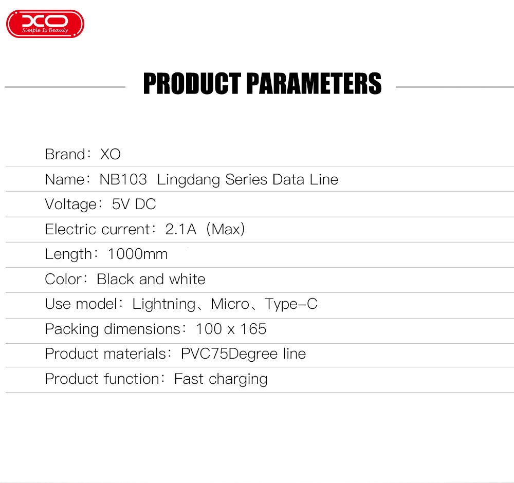 XO cable NB103 3in1 USB - Lightning + USB-C + microUSB 1,0 m 2,1A white