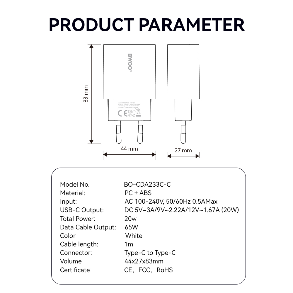 BWOO wall charger CDA233 PD 20W 1x USB-C with USB-C - USB-C cable white